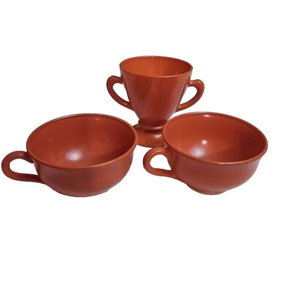 Hazel Atlas Ovide rust vintage set 2 cups w/ open sugar bowl - Picture 1 of 7
